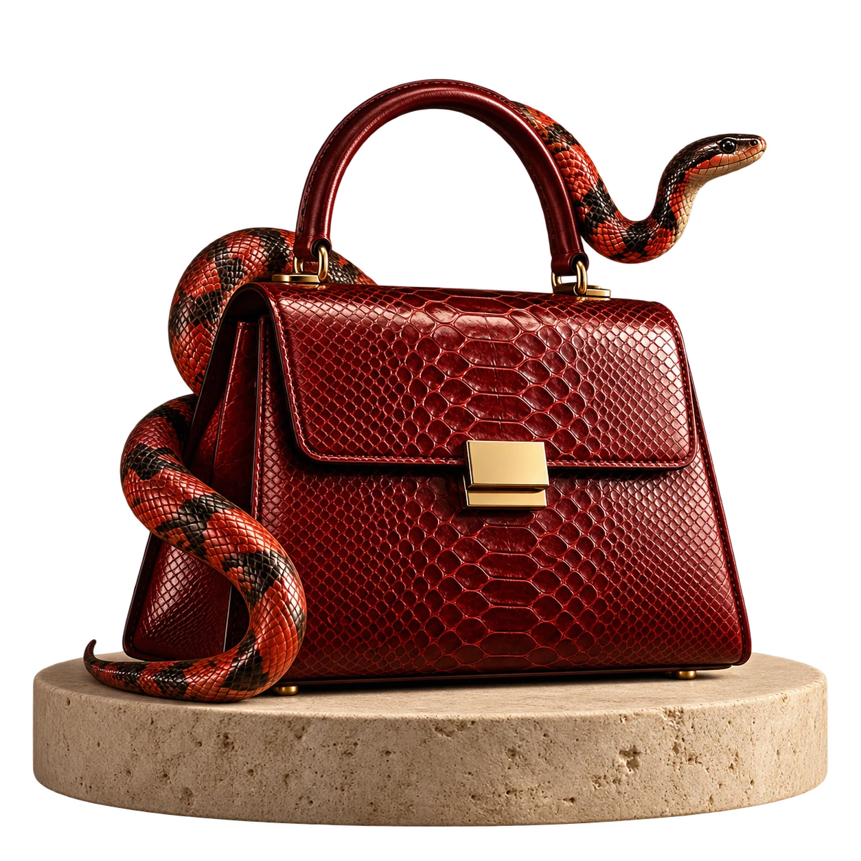 Cartera bordó de textura reptil, herrajes dorados y una serpiente roja enroscada en el asa, sobre piedra clara.
